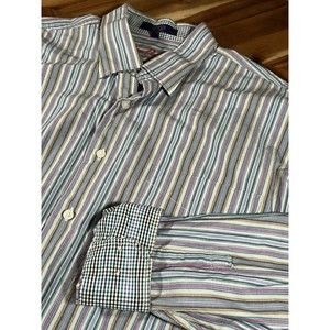 Alan Flusser Mens XL Shirt Striped‎ with plaid Flip Cuff Button Up Long Sleeve